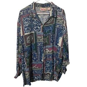 𝅺PENNYLANE Vintage Blue, Purple, Green & White Abstract Long Sleeve Top